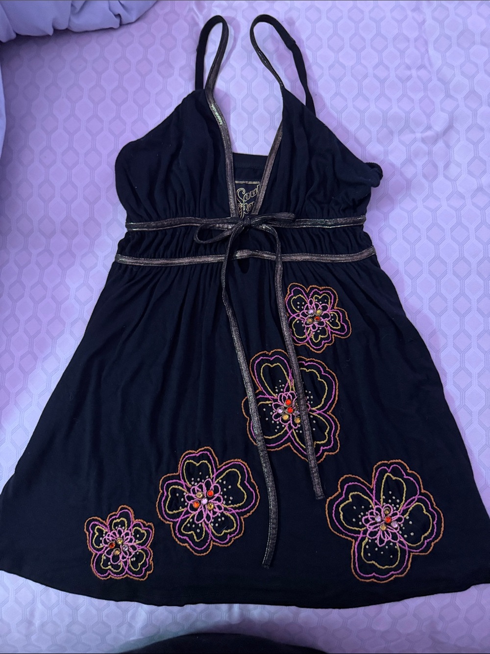 Soul Revival Black Tank Top with Multicolor Floral Embroidery